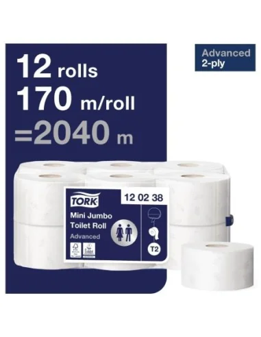 Papier toilette 2 plis Mini Jumbo Tork 170m (Lot de 12)