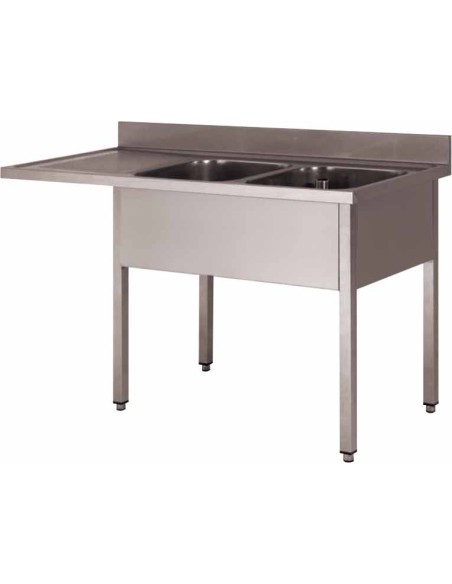 PLONGE INOX 304 DEMONTABLE ENCASTREMENT LV.2 BACS 500X400X250 MM. PIEDS CARRES. EGOUTTOIR A GAUCHE AVEC SURVERSE BONDE SIPHON L