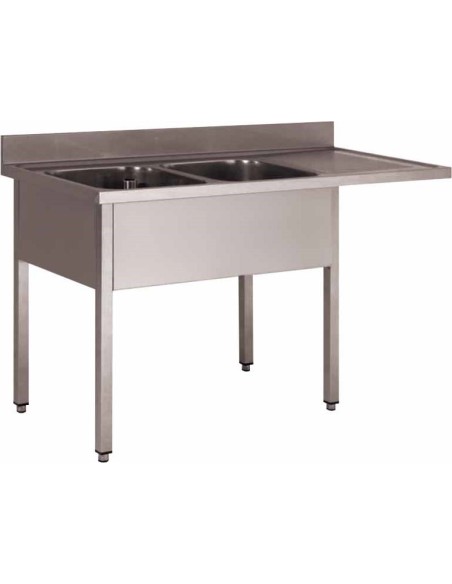 PLONGE INOX 304 DEMONTABLE ENCASTREMENT LV.2 BACS 400X500X250 MM. PIEDS CARRES. EGOUTTOIR A DROITE 400X500X250 A GAUCHE. 1 EG. A