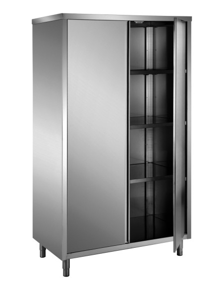 ARMOIRE HAUTE INOX 304. TOIT PLAT. 2 PORTES BATTANTES DOUBLEES. 3 ETAGERES REGLABLES L (en mm) : 1 200 - P (en mm) : 600 H (en m