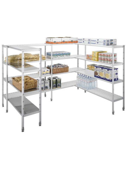 RAYONNAGE ALU CHARGE LOURDE. 4 NIVEAUX CLAYETTES EN POLYPROPYLENE. LARGEUR 50 MM L (en mm) : 1 392 - P (en mm) : 480 H (en mm) :