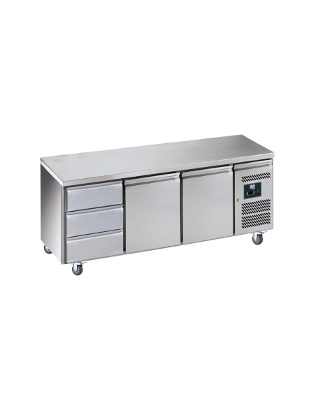 DESSERTE REFRIGEREE INOX CENTRALE -2/+8°C  2 P. GN1/1+1 BLOC 3 TIROIRS. SUR ROULETTES Ø 100MM Tension : 230V Mono - Puissance (e