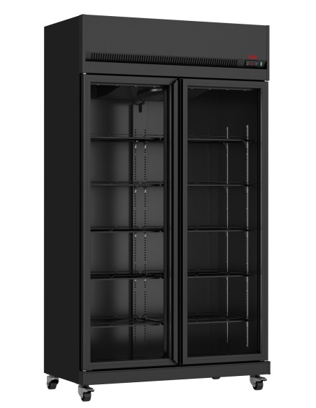 VITRINE REFRIGEREE. 1/10°C A 32°C 65% HR. GROUPE  LOGE SUR LE DESSUS. 2 PORTES VITREES. CARROSSERIE EXTERIEURE NOIRE. INTERIEUR