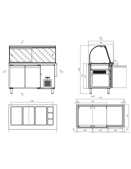 700 TABLE RÉFRIGÉRÉE AVEC VERRE 2 PORTES3X 1/1 + 3X 1/6 GN RÉCIPIENT