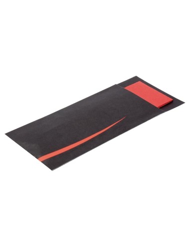 Pochettes à couverts noires avec serviette rouge - Europochette 100 pcs