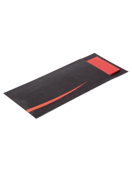 Pochettes à couverts noires avec serviette rouge - Europochette 100 pcs