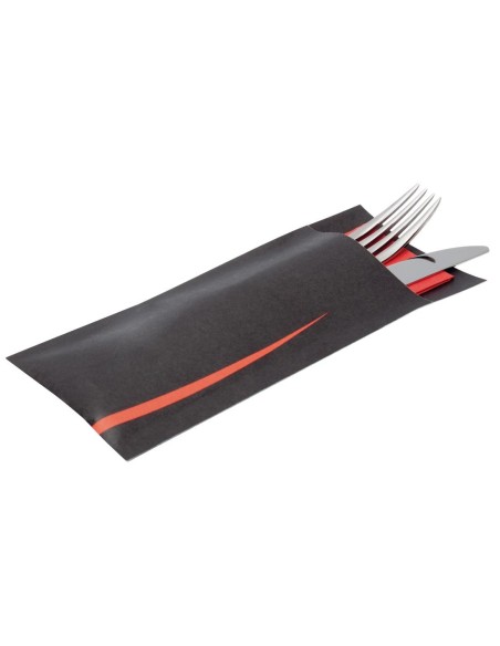 Pochettes à couverts noires avec serviette rouge - Europochette 100 pcs