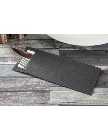 Pochettes à couverts noires avec serviette blanche - lot de 500
