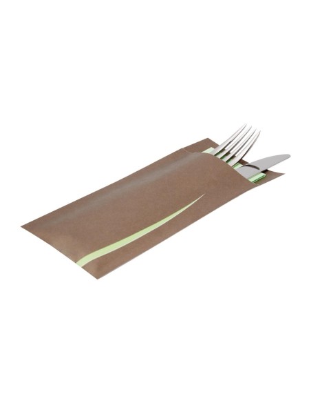 Pochettes à couverts marron avec serviette blanche - Europochette 100 pcs
