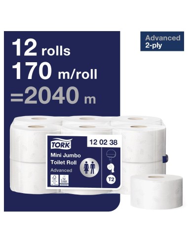 Papier toilette 2 plis Mini Jumbo Tork 170m - lot de 12