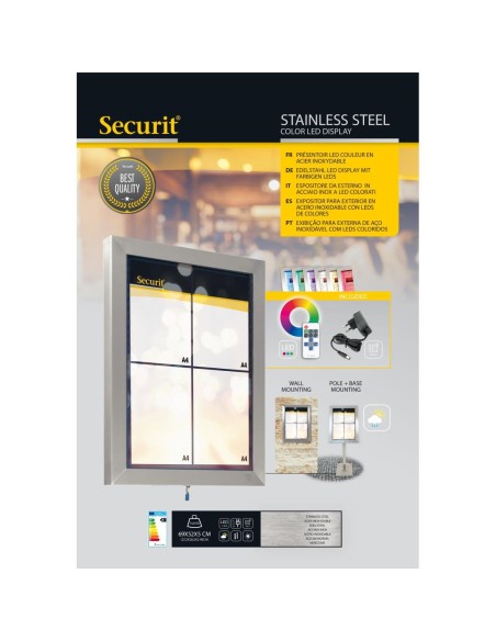 Porte-menu mural LED 4xA4 Securit - inox argent