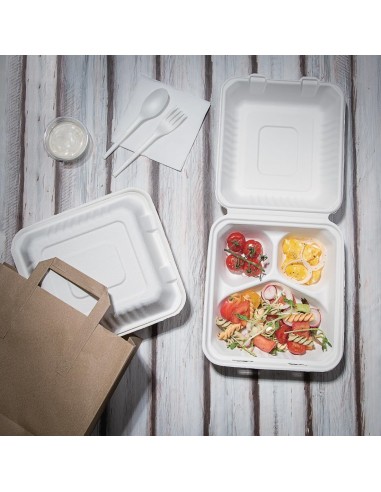Boîtes 3 compartiments compostables en bagasse - Fiesta 200 pcs