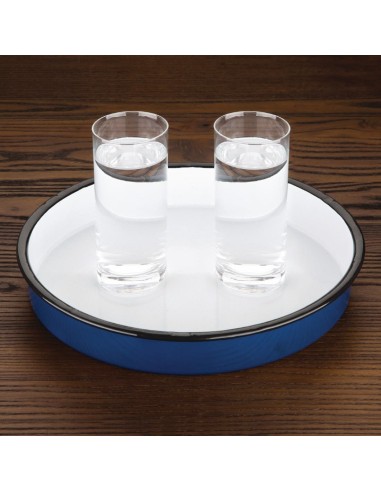 Plat de service émaillé Olympia 320 mm - bleu blanc noir