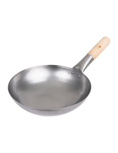 Wok fond plat en acier doux Vogue 254 mm - Design rustique