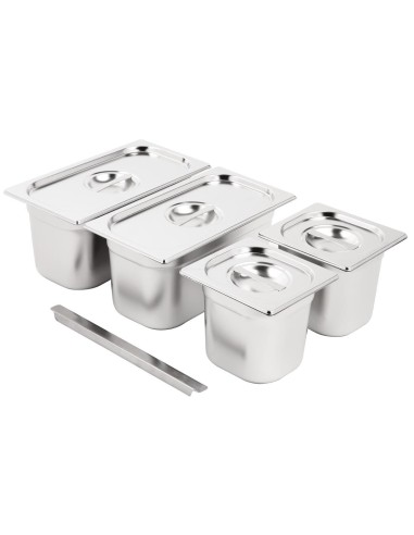 Ensemble de bacs GN 2x1/3 + 2x1/6 inox Vogue avec couvercles