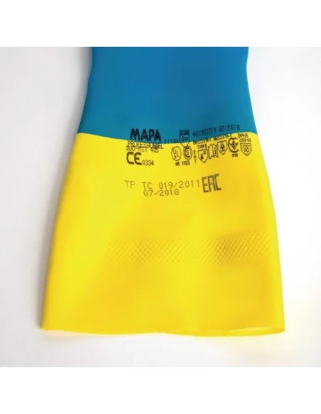 Gants étanches protection chimique légère bleus et jaunes Mapa Alto 405 L