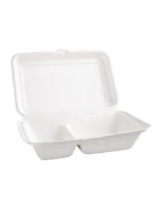 Boîtes 2 compartiments avec couvercle à charnière compostables en bagasse Fiesta Compostable 253mm (lot de 200) 2