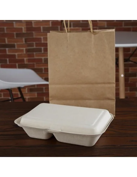 Boîtes 2 compartiments avec couvercle à charnière compostables en bagasse coloris naturel Fiesta Compostable 253mm (lot de 200)