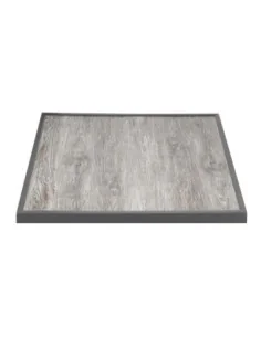 Plateau de table extérieur carré en verre trempé Bolero effet grain de bois bord gris 700 mm