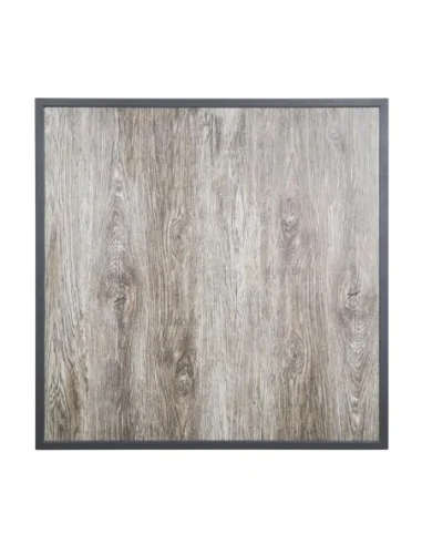 Plateau de table extérieur carré en verre trempé Bolero effet grain de bois bord gris 700 mm