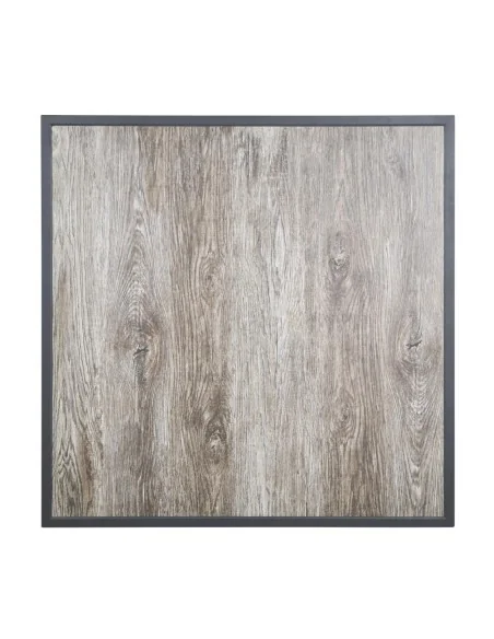 Plateau de table extérieur carré en verre trempé Bolero effet grain de bois bord gris 700 mm