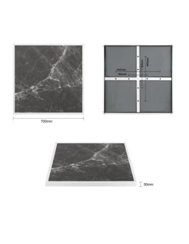 Plateau de table extérieur carré en verre trempé Bolero effet granit foncé bord blanc 700 mm