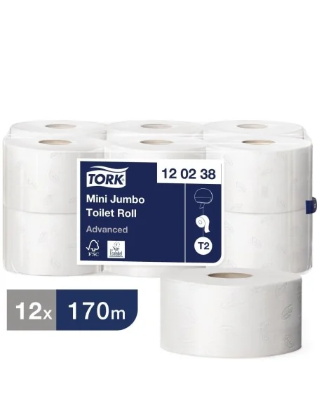 Papier toilette 2 plis Mini Jumbo Tork 170m (Lot de 12)