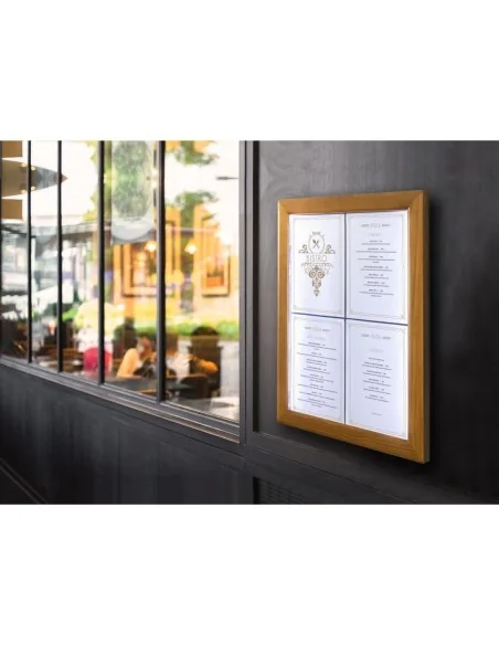 Porte-menu mural à LED blanches en teck Securit 4xA4 