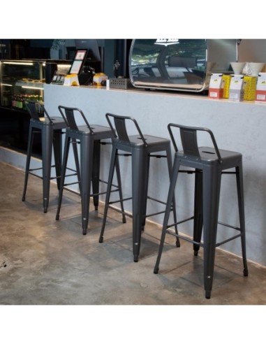 Tabourets hauts en acier gris métal avec dossier Bolero Bistro (lot de 4)