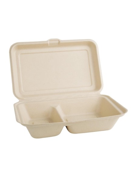 Boîtes 2 compartiments avec couvercle à charnière compostables en bagasse coloris naturel Fiesta Compostable 253mm (lot de 200)